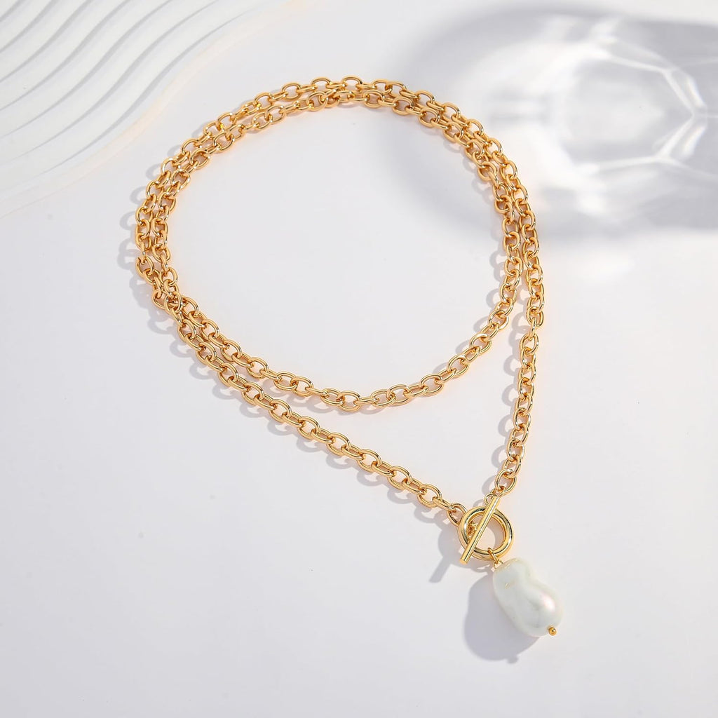 Gold Chunky Chain Necklace for Women lmitaion Pearl Pendant – view 5