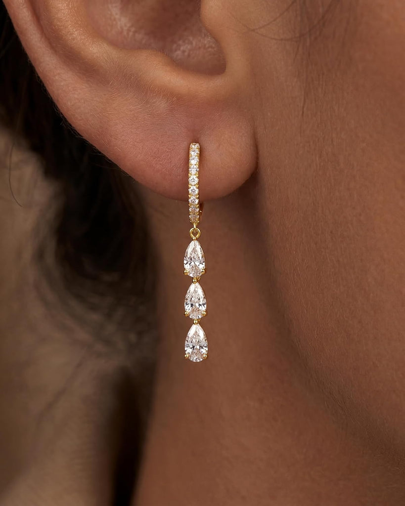 Gold Dangle Drop Earrings for Women, Elegant Wedding Bridal Prom Jewelry, Trendy Hypoallergenic Small Diamond Crystal Huggie