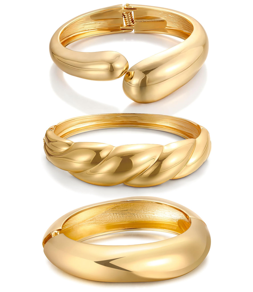 Chunky Gold Bangle Bracelets for Women, Dainty 14k Gold Plated Big Stackable Bangles Set, Trendy Statement Cuff Bracelet Stack Fashion Jewelry Gifts