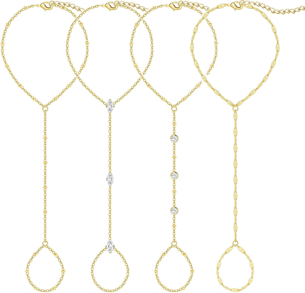 Gold Hand Chain Bracelets — 4 Pieces, CZ Beaded Stack