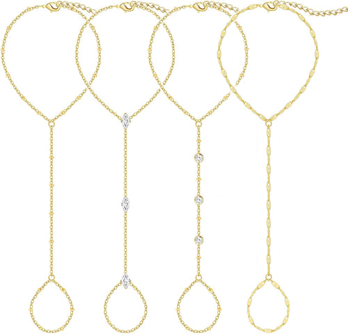 Gold Hand Chain Bracelets — 4 Pieces, CZ Beaded Stack