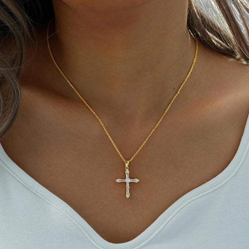 Gold Cross Necklace — Crystal Pendant, 14K Plated