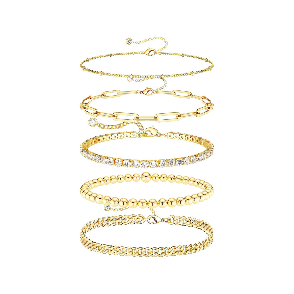 Dainty Gold Bracelets for Women Waterproof, Stackable 14K Gold Plated Waterproof Rope Cuban Snake Paperclip Figaro Link