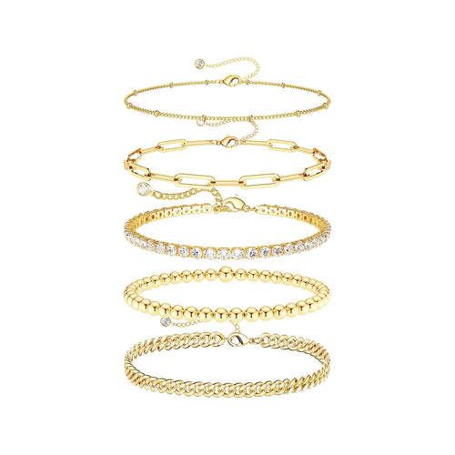 Dainty Gold Bracelets for Women , Stackable 14K Gold Plated Rope Cuban Snake Paperclip Figaro Link