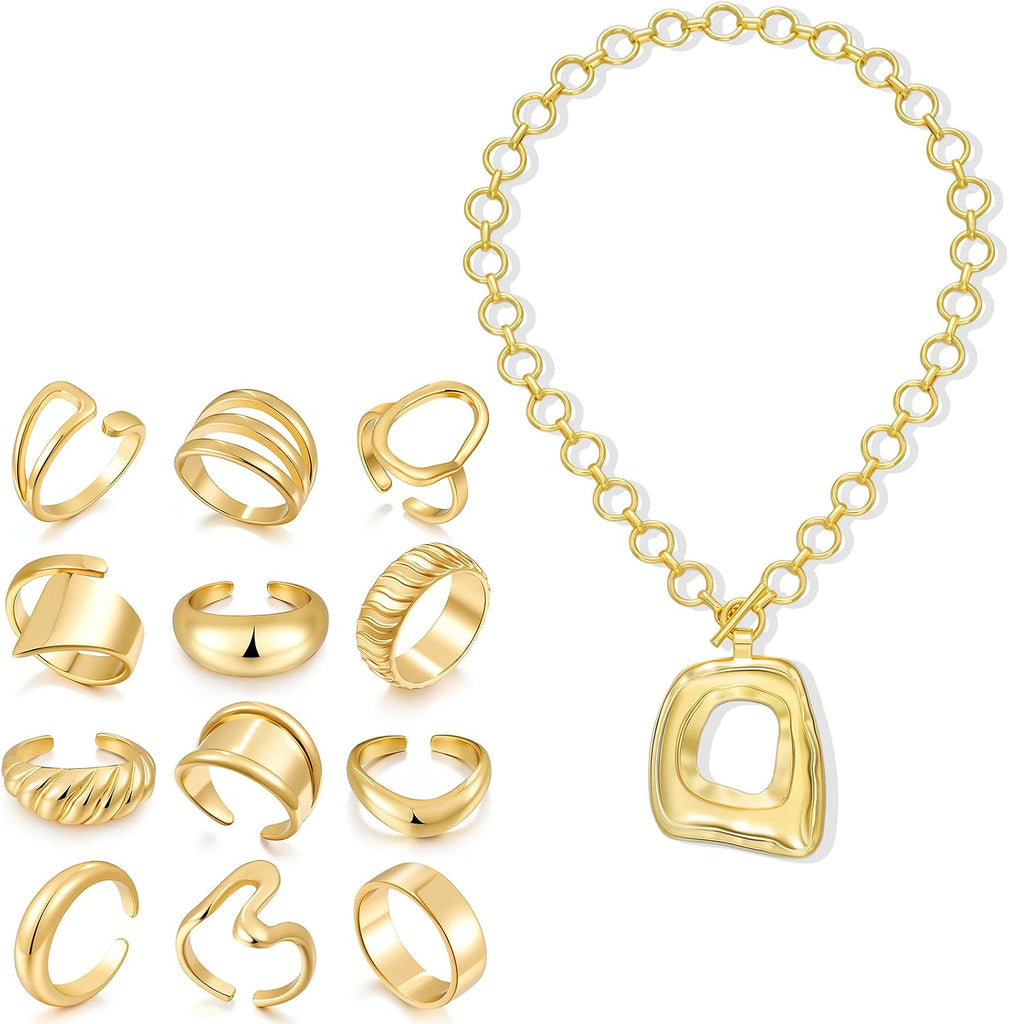 Chunky Gold Rings & Necklace — 18K Plated Set