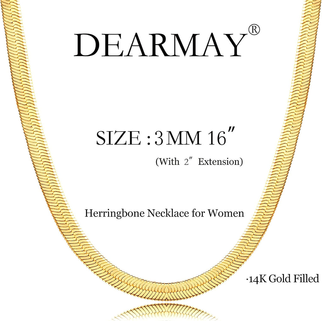 14K Gold Plated Herringbone Necklaces for Women, Non-Tarnish