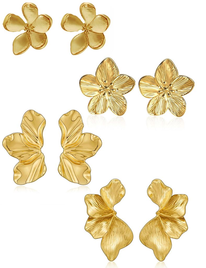 Chunky Gold Flower Dangle Earrings for Women, Gold Plated Irregular Leaf Floral Big Statement Earrings Set – view 8