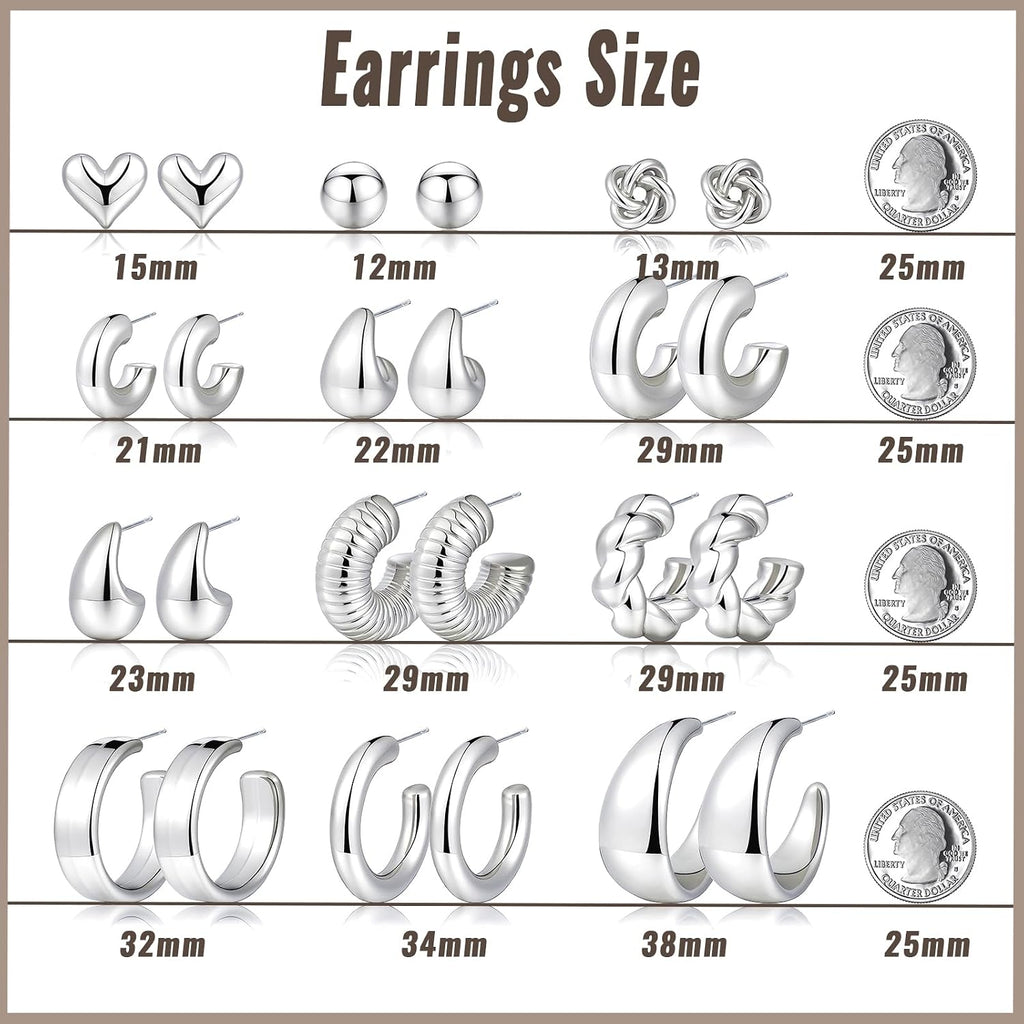 Chunky Silver Hoop Earrings — 12 Pairs, Huggie Stack