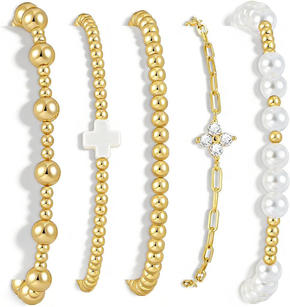 Gold Beaded Bracelet Set — 5 Pieces, Stretch Stack
