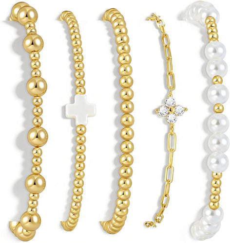 Gold Beaded Bracelet Set — 5 Pieces, Stretch Stack