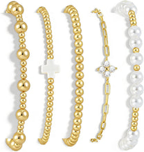 Load image into Gallery viewer, 5 Pcs Beaded Bracelet Set for Women, 14K Gold Plated Stackable Stretch Bead Ball Bracelet Stack