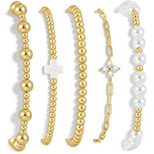 Load image into Gallery viewer, Gold Beaded Bracelet Set — 5 Pieces, Stretch Stack