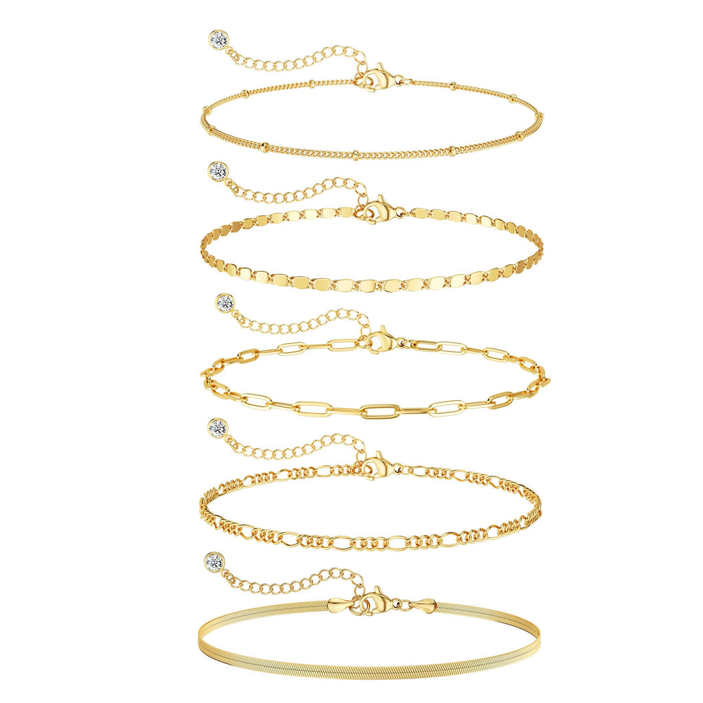 Dainty Gold Bracelets for Women Waterproof, Stackable 14K Gold Plated Waterproof Rope Cuban Snake Paperclip Figaro Link