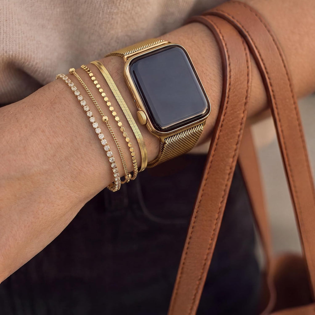 Gold Bracelets Set for Women Waterproof, Non Tarnish 14K Gold Plated Tennis Beaded Figaro Herringbone Paperclip Link Chains,