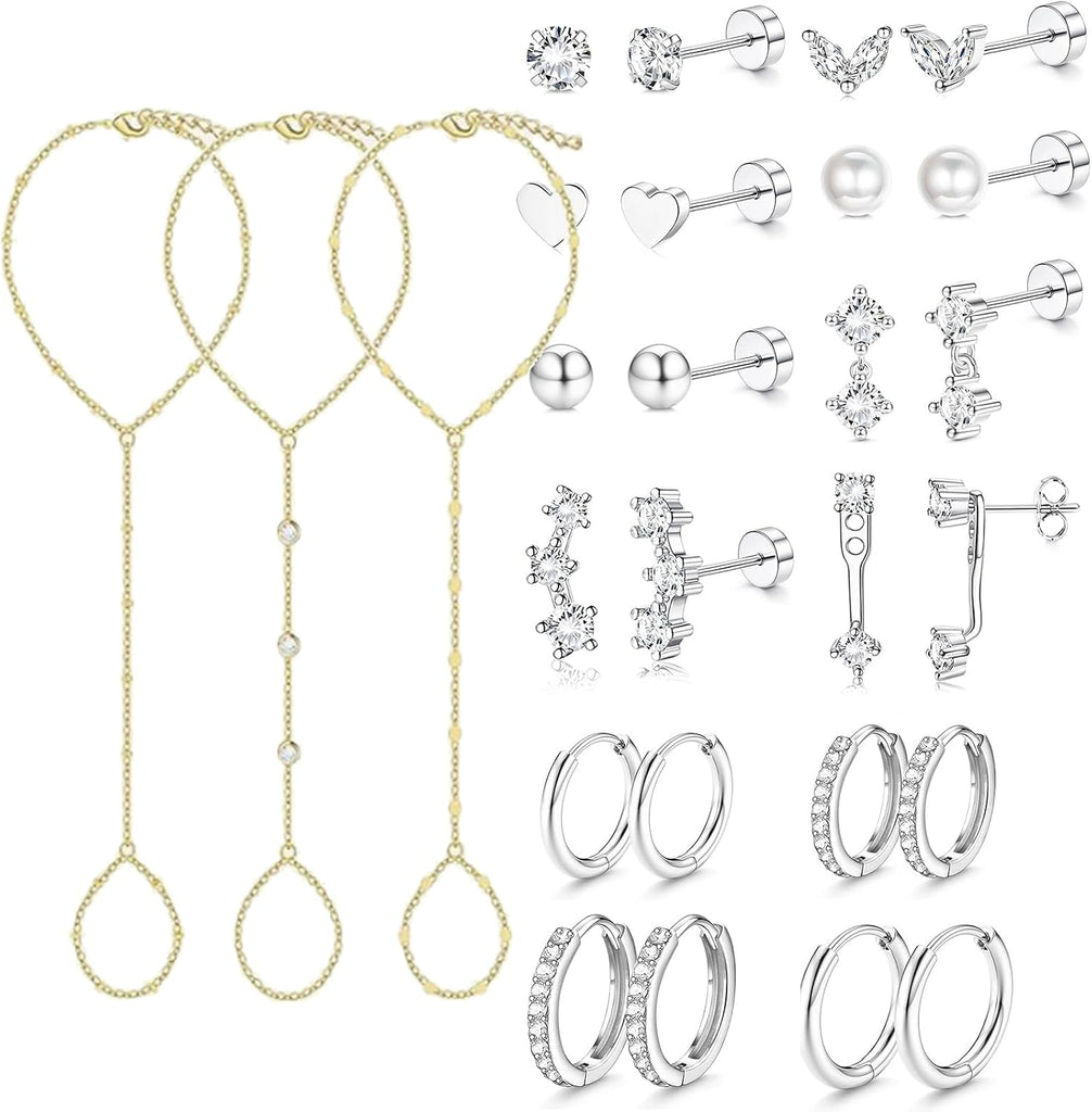 Hand Chain Bracelets & Steel Earrings — Gold Set