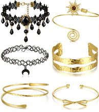 Load image into Gallery viewer, Gold Arm Cuff Set — 6 Pieces, Adjustable Upper Arm Bangles