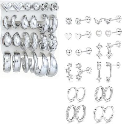Chunky Silver Hoop Earrings — 24 Pairs, Huggie Stack