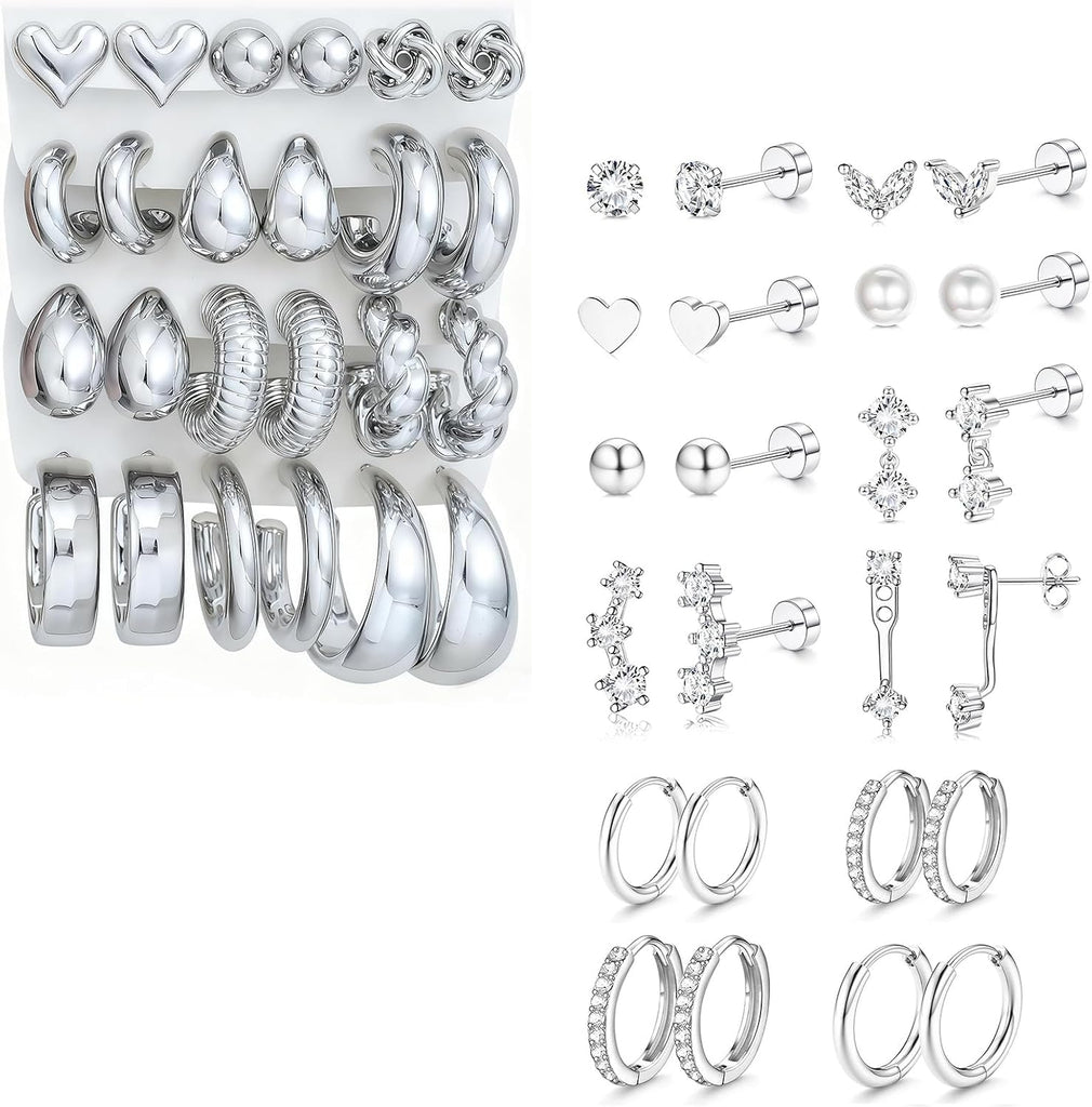 24 Pairs Chunky Silver Hoop Earrings for Women Trendy, Silver Plated Lightweight Thick Open Twisted Stack, Non Tarnish Huggie Hoops Earring Set