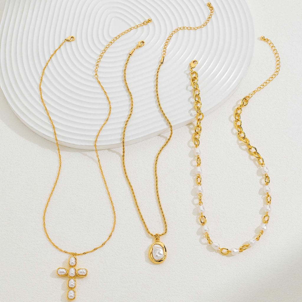Gold Layered Cross Necklace for Women Pearl Multi Strand – view 5