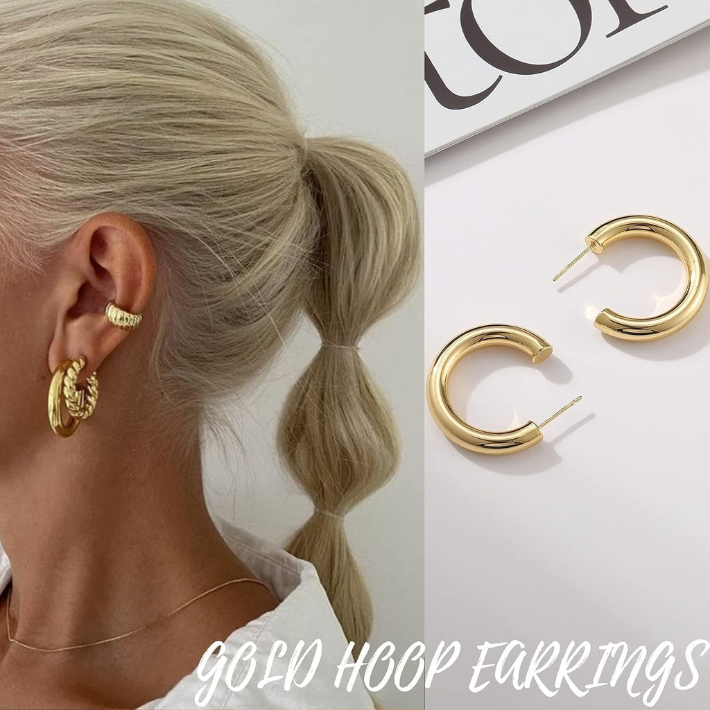 Gold & Silver Hoop Earrings — 6 Pairs, Chunky Mixed