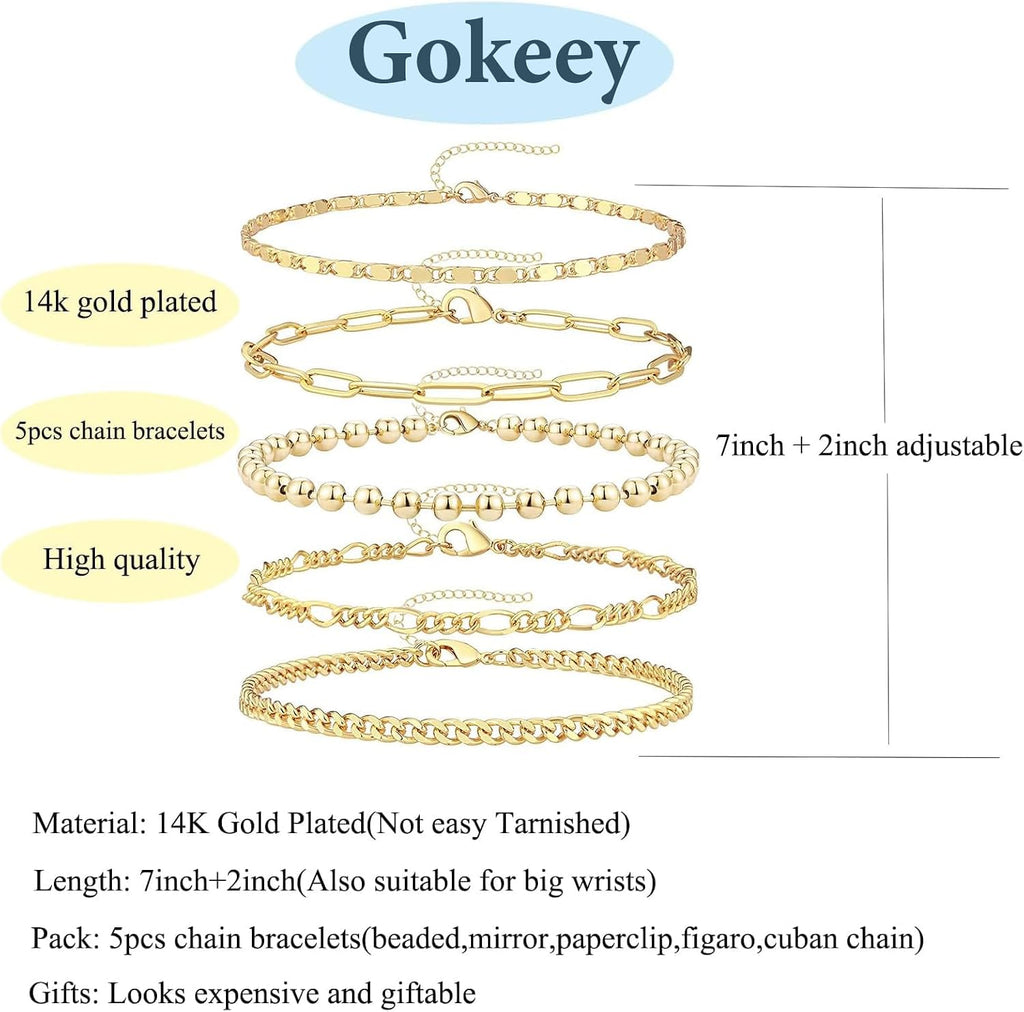 Layered Bracelet Set — 5 Pieces, 14K Gold Plated