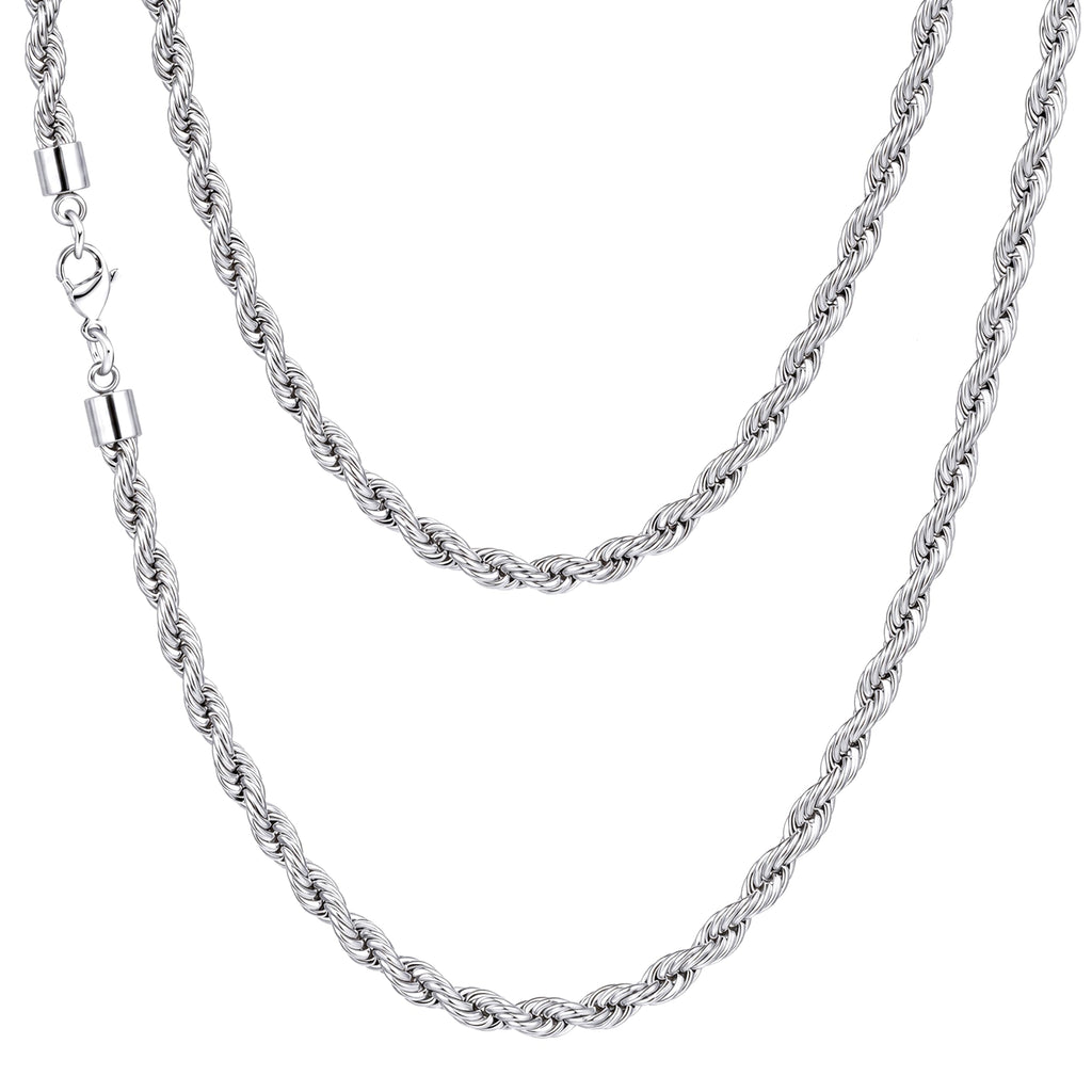 Rope Chain Necklace for Men Women, 316L Stainless Steel Twist Link Chain for Men, Gold Silver Black Tone, Hypoallergenic