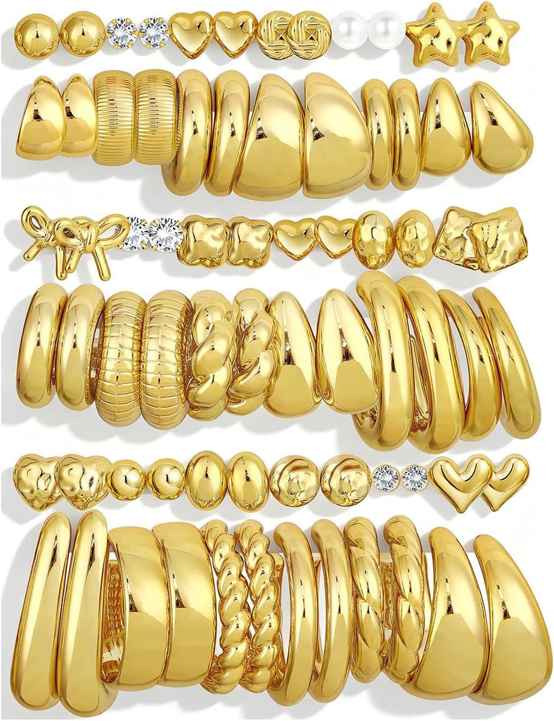 Chunky Gold Hoop Earrings — 36 Pairs, Multipack