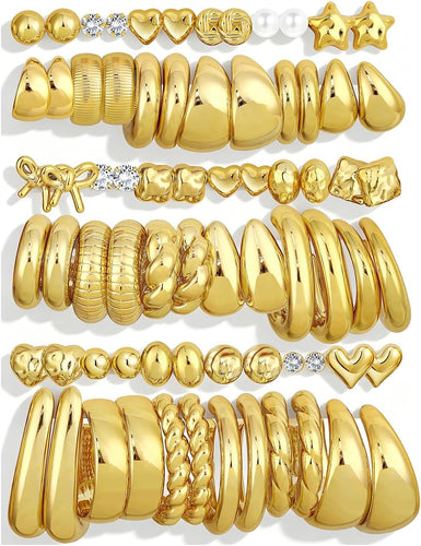 Chunky Gold Hoop Earrings — 36 Pairs, Multipack