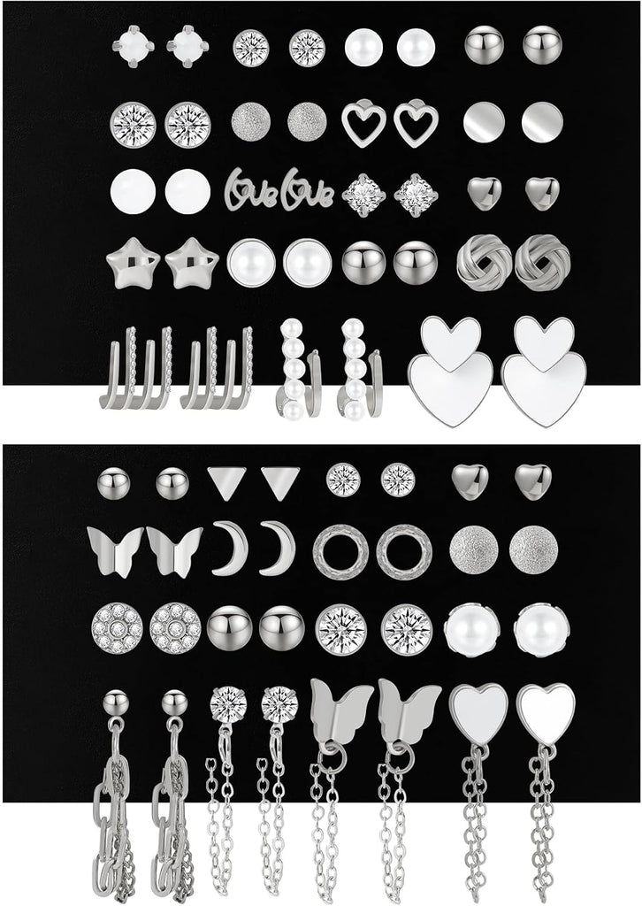 68 Pair Gold Stud Earring Multipack — CZ, Pearl & Butterfly