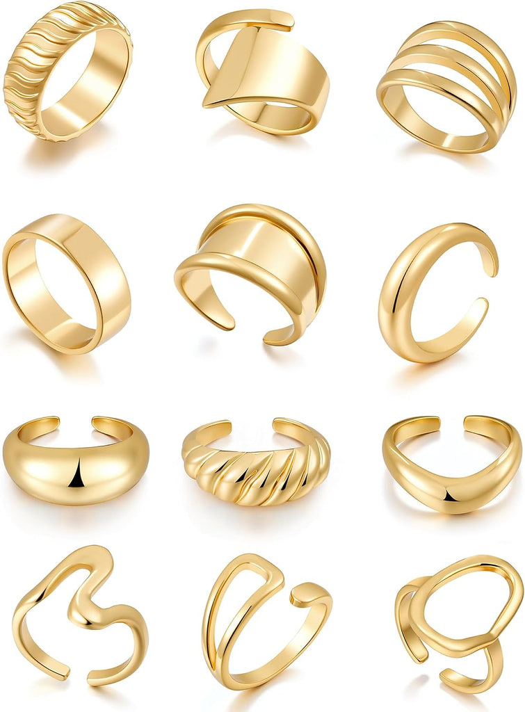18K Gold Plated Open Stacking Ring Set - 12 PCS for Fashionable Women 6. Women's 12 PCS Stackable Rings, 18K Gold Plated