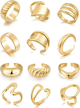 将图片加载到图库查看器，18K Gold Plated Open Stacking Ring Set - 12 PCS for Fashionable Women 6. Women's 12 PCS Stackable Rings, 18K Gold Plated