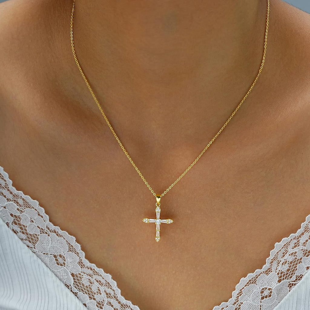 Gold Cross Necklace — Crystal Pendant, 14K Plated