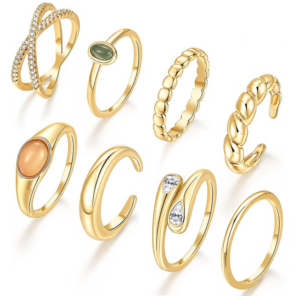 Non Tarnish Chunky Gold Rings for Women, 14K Gold Plated Dainty Stackable Cross Cubic Zirconia Ring Set, Knuckle Stacking Pinky Thumb Ring Statement Wedding Bands Jewelry Size 4.5-10