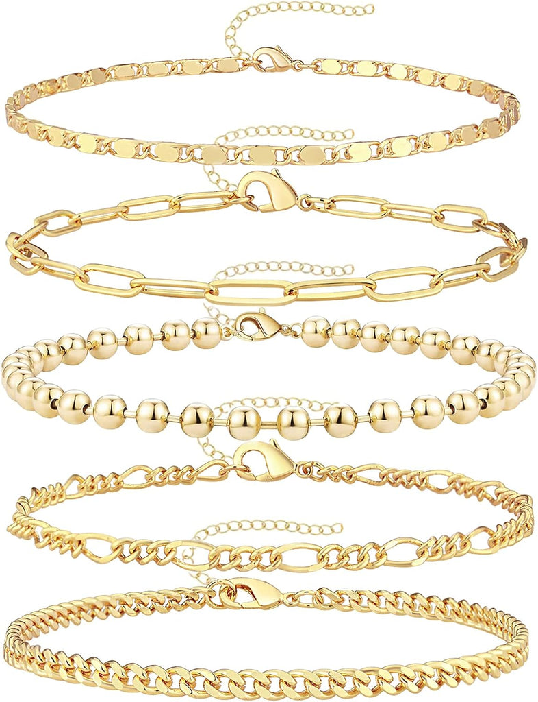 Layered Bracelet Set — 5 Pieces, 14K Gold Plated
