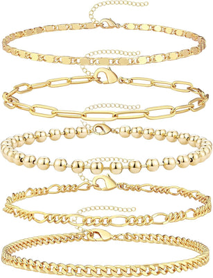 Layered Bracelet Set — 5 Pieces, 14K Gold Plated
