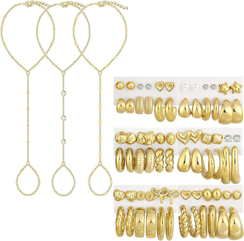 Hand Chain Bracelets & 36 Pairs Earrings — 39 Piece Set