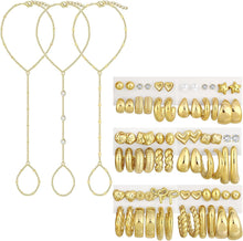 Load image into Gallery viewer, 3PCS Gold Hand Chain Bracelets and 36 Pairs Gold Earrings Set for Women, Stack Bracelets Set Adjustable, Trendy Dainty Ring Bracelet Hand Chain