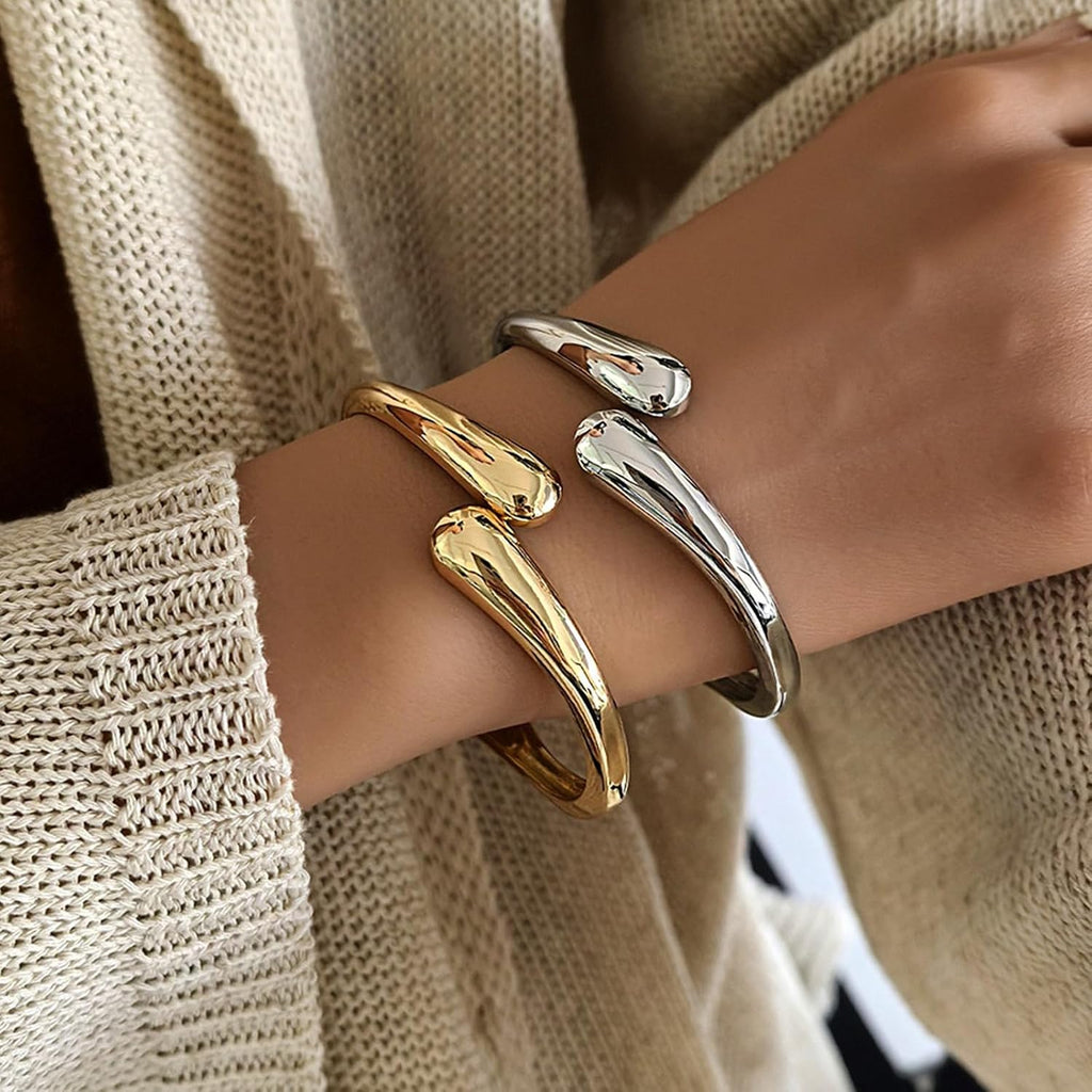 Gold Silver Bangles Bracelet for Women Trendy, 14K Gold Plated Chunky Cuff