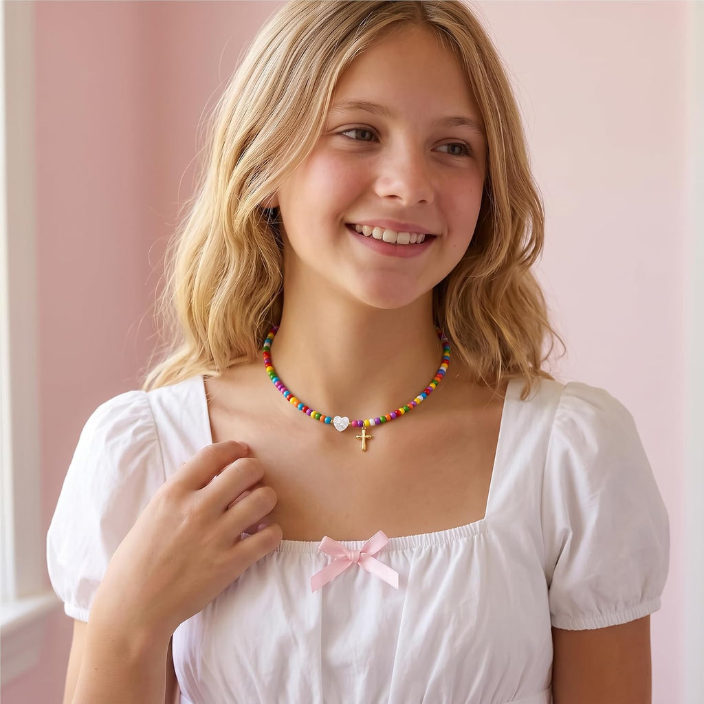 Colorful Beaded Cross Pendant Necklace, Trendy Heart Choker – view 4