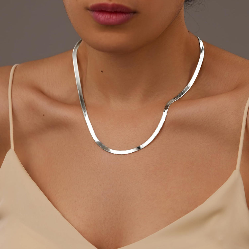 4mm Dainty Silver Long Herringbone Necklace for Women, Stainless Steel – alternate view