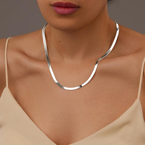 4mm Dainty Silver Long Herringbone Necklace for Women, Stainless Steel – alternate view