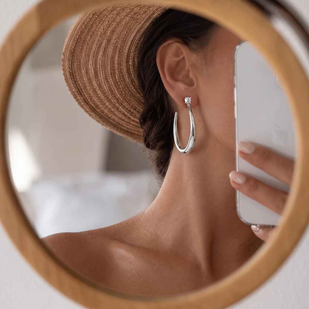 Large Silver Hoop Earrings for Women, 925 Sterling Silver Post Open C Shaped Crescent Silver Hoops with CZ Accent Hides