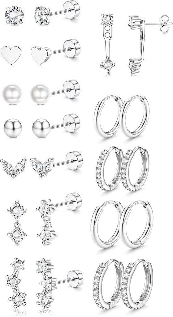 Surgical Steel Flat Back Earrings for Sensitive Ears Women - Hypoallergenic Stainless Steel Flatback Stud Hoop Silver Cartilage Earring Stacks Set - Helix Tragus Conch Daith Multiple Piercing Jewelry