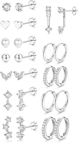 Surgical Steel Flat Back Earrings for Sensitive Ears Women - Hypoallergenic Stainless Steel Flatback Stud Hoop Silver Cartilage Earring Stacks Set - Helix Tragus Conch Daith Multiple Piercing Jewelry