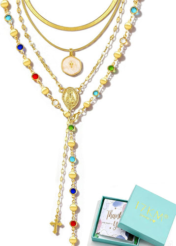 4PCS 18K Gold Plated Layered Cross Necklaces for Women, Colorful Y Necklace
