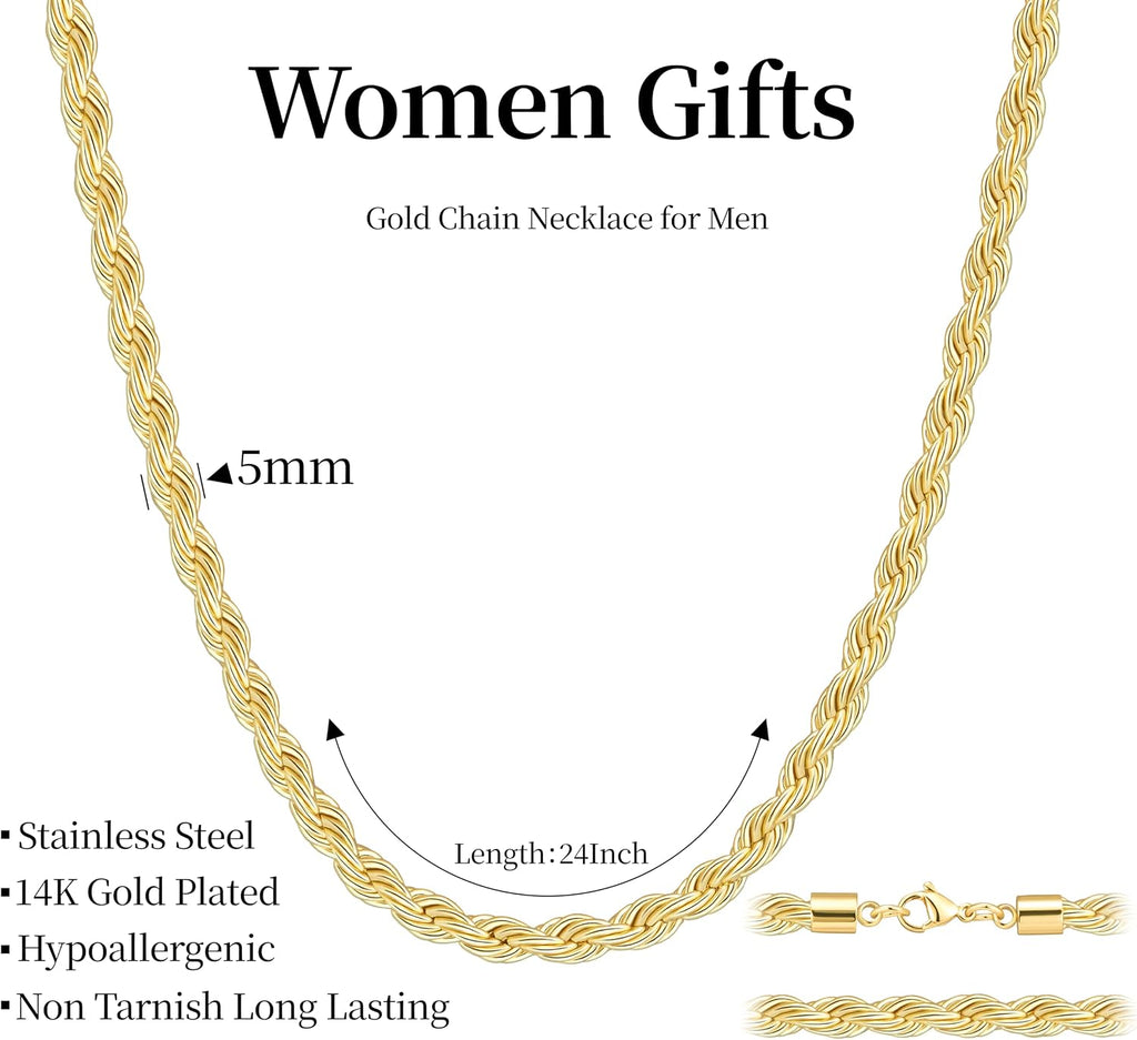 Gold Rope Chain Necklace for Men, Stainless Steel – view 4