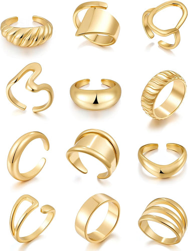 Women's 12 PCS 18K Gold Plated Stackable Open Knuckle Ring Collection