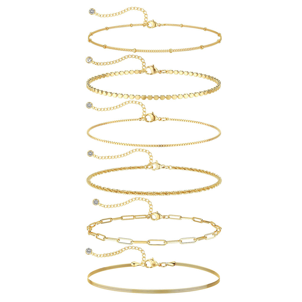 Gold Bracelets Set for Women Waterproof, Non Tarnish 14K Gold Plated Tennis Beaded Figaro Herringbone Paperclip Link Chains,