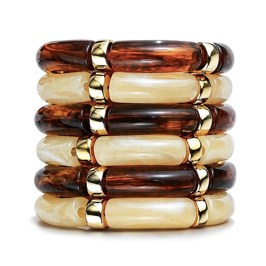 6pcs Chunky Acrylic Bangle Bracelets for Women, Resin Bamboo Brown Stretchy Bracelet Stack, Fashion Jewelry for Women