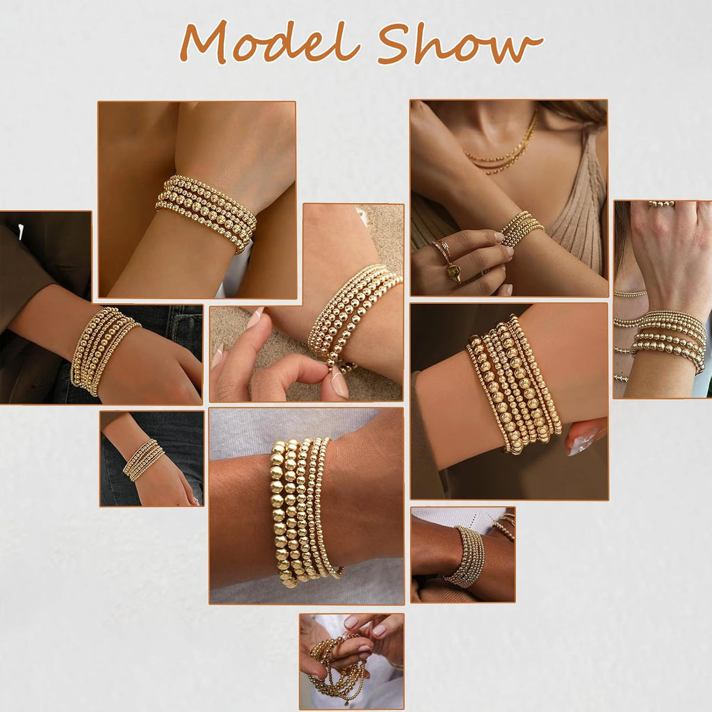 Gold Beaded Bracelets — 5 Pieces, 14K Plated Stretch